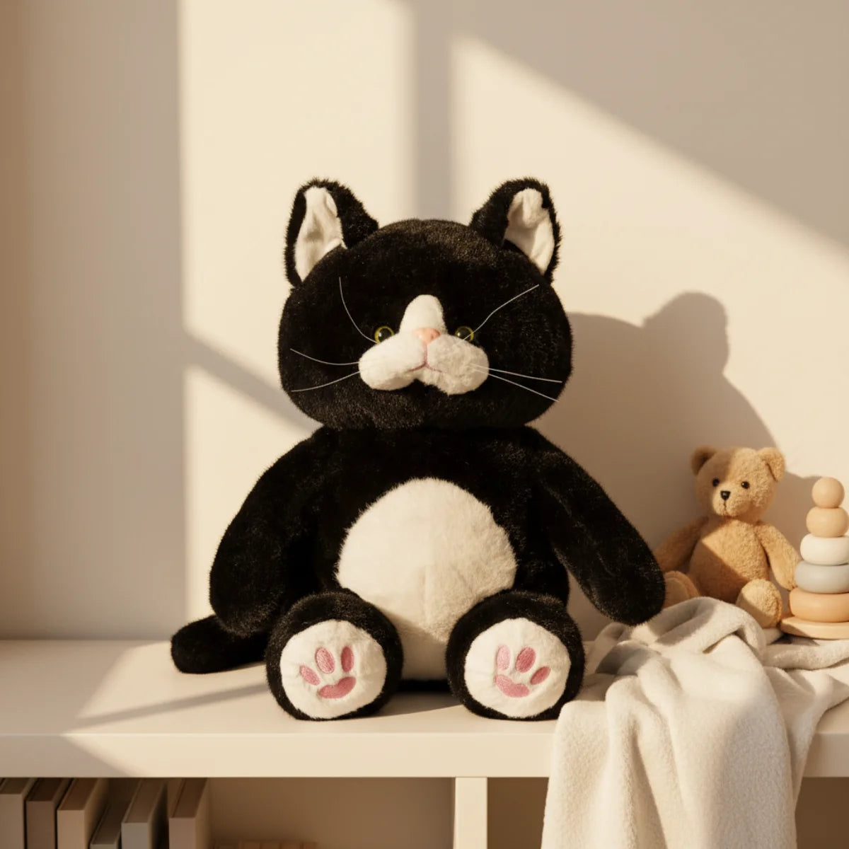 Tuxedo cat plush toy nursery scene sitting on white shelf in warm cream sunlit room beside small brown teddy bear and wooden Montessori stacking rings with cream white knit throw draped on shelf showing full chubby black white tuxedo cat with green eyes pink paws in sitting pose