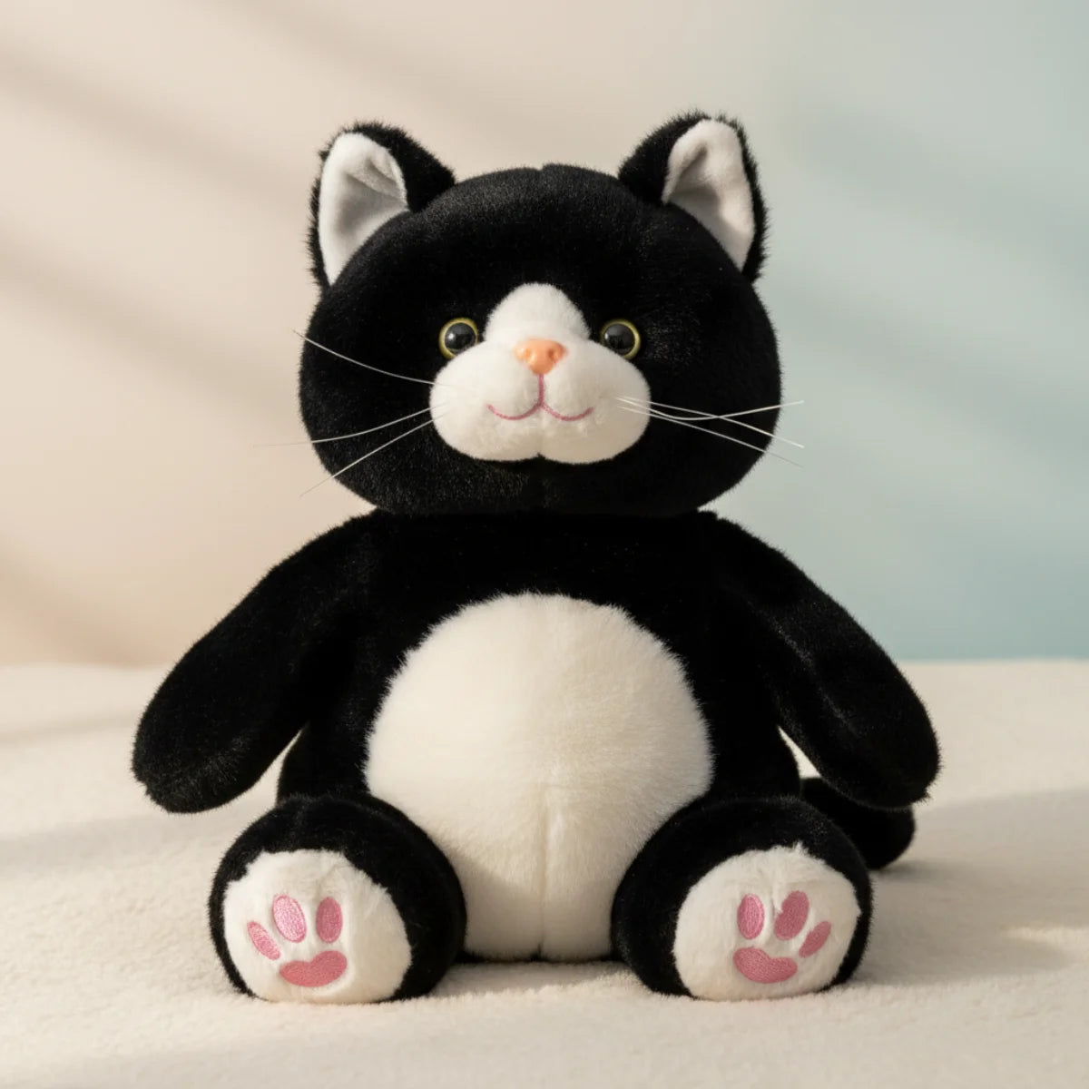 Tuxedo cat plush toy studio scene on soft blue grey gradient background showing three quarter front view of chubby black white tuxedo cat with vivid green eyes pink nose long silver whiskers fluffy white chest belly and oversized white feet with pink paw pads in stable sitting pose with soft shadow