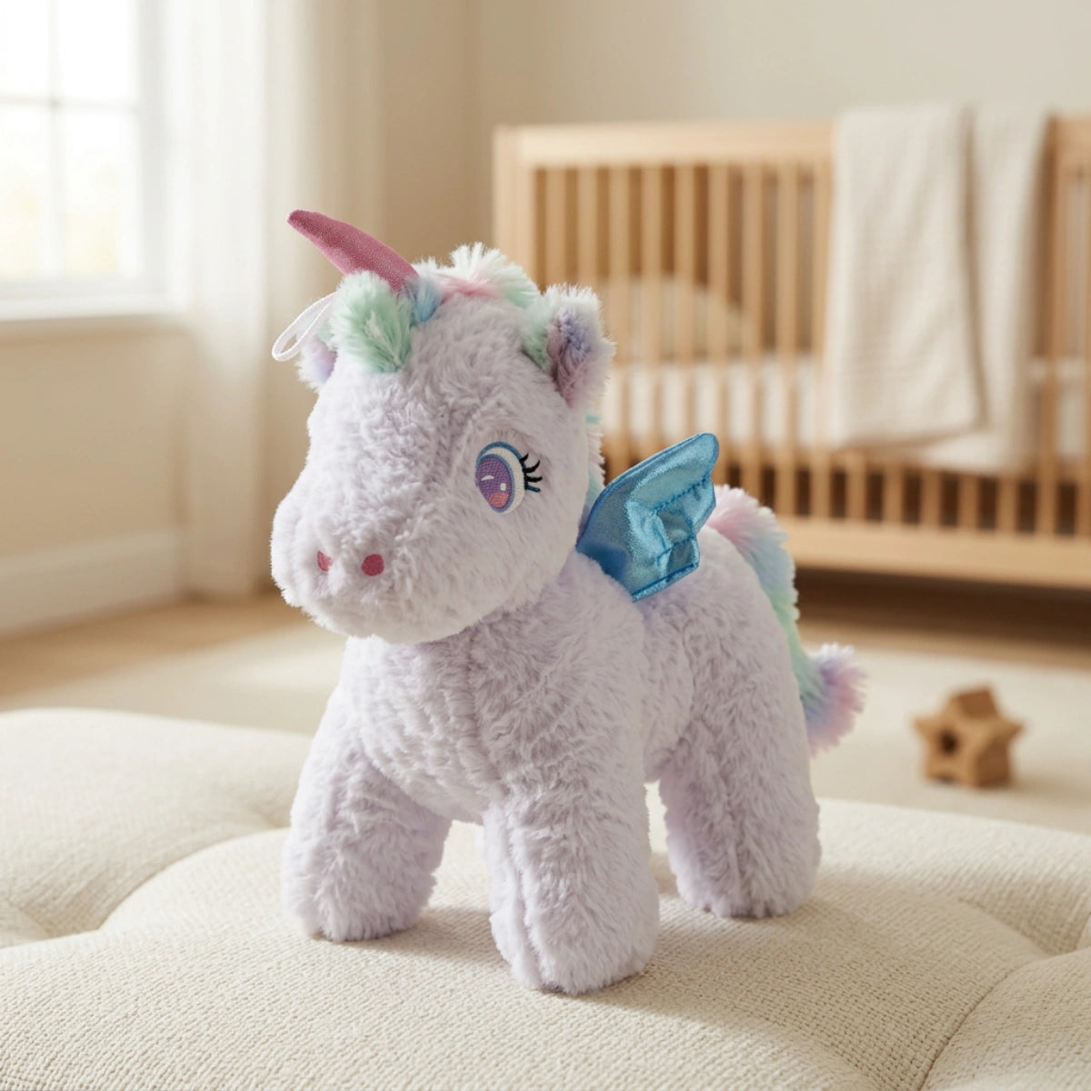 White unicorn plush with a pink horn and blue wings in a naturally lit nursery