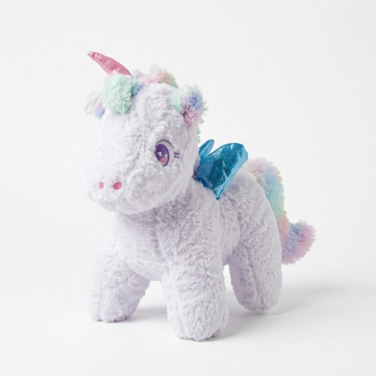 White unicorn plush with a pastel mane, pink horn, and shiny blue wings on white