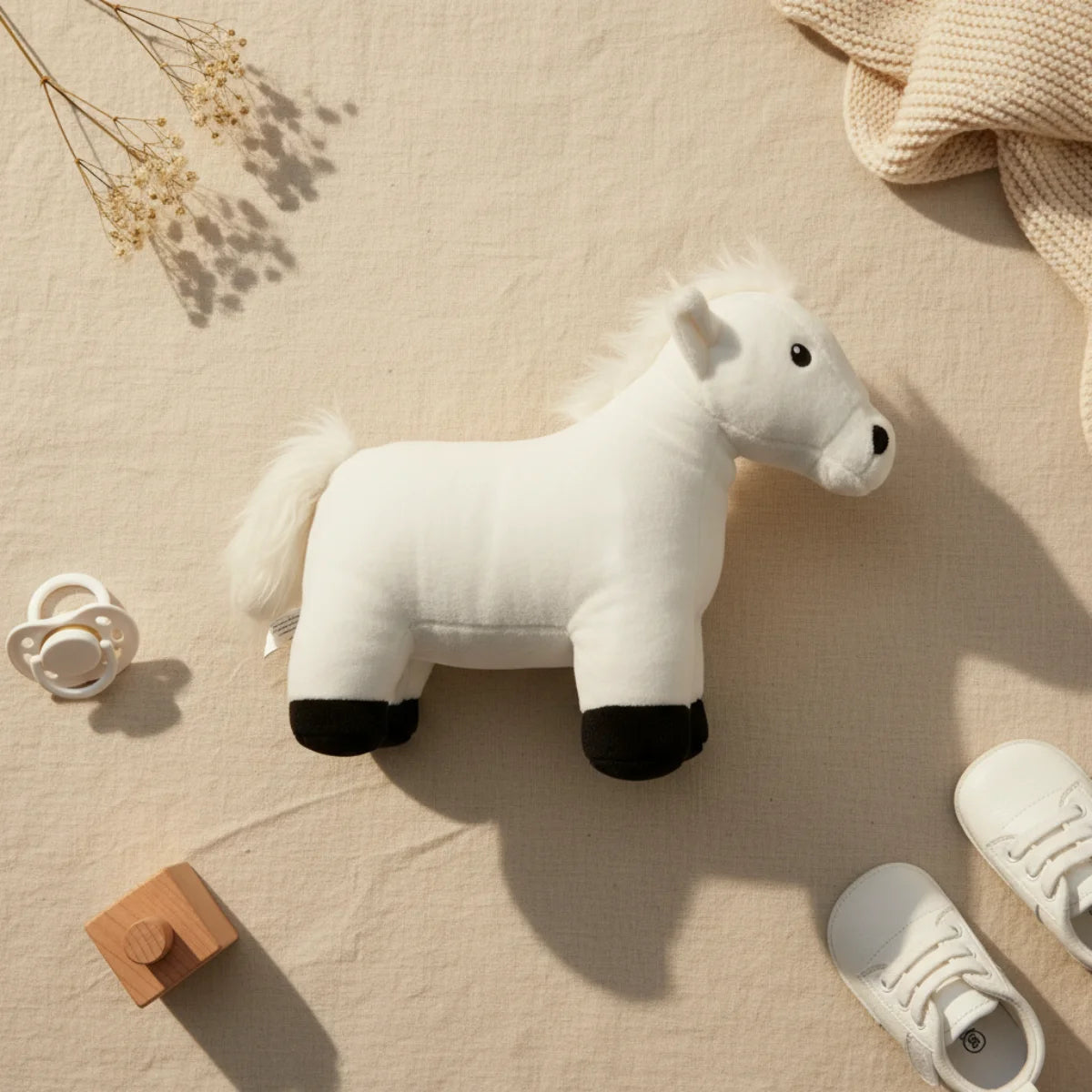 White horse plush toy flat lay from above on linen background showing snow white standing horse with flowing white mane and tail and bold black hooves beside white silicone pacifier wooden square block white baby sneakers and dried grass stems with cream knit throw in corner