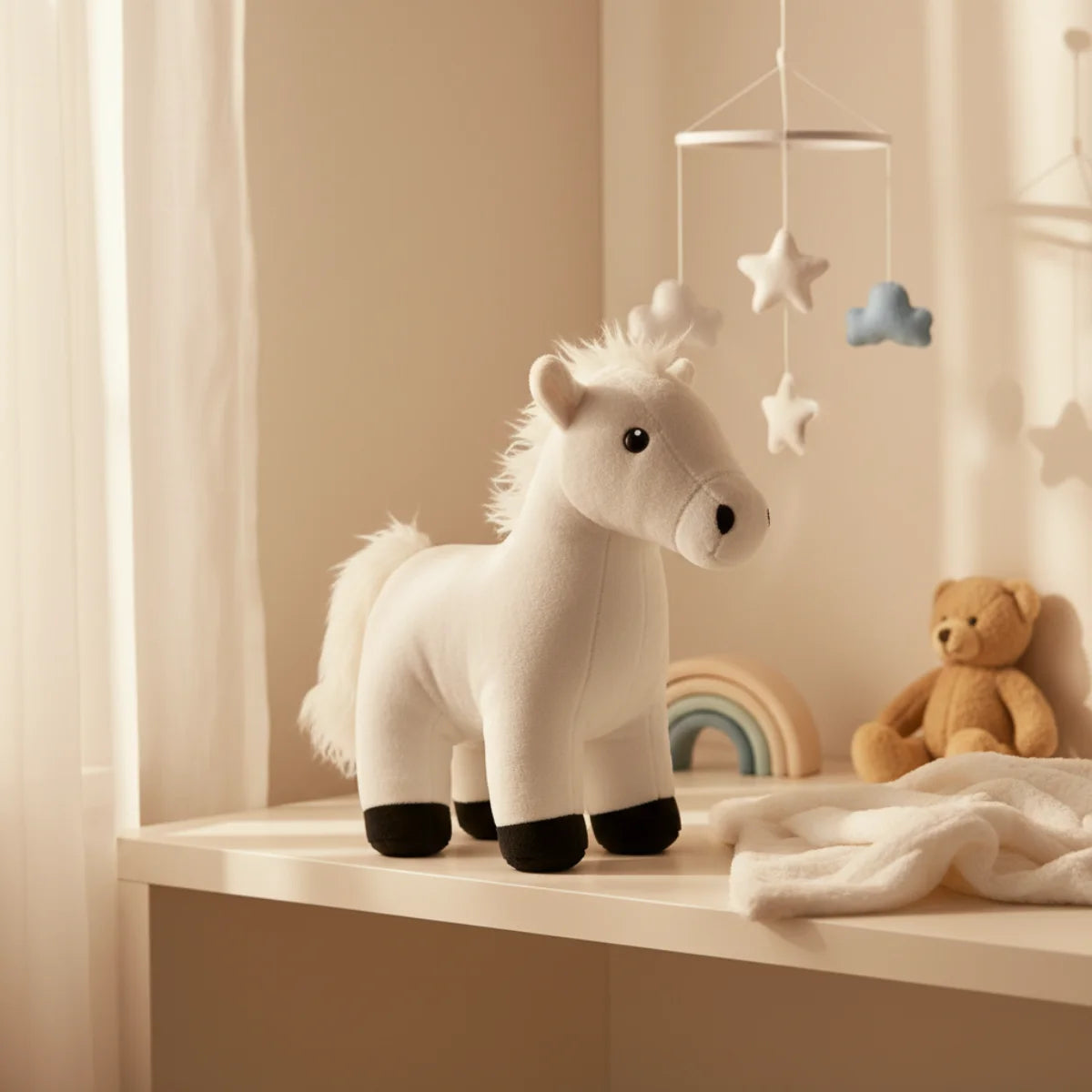White horse plush toy nursery scene on white dresser top in warm cream nursery beside small brown teddy bear and pastel rainbow toy with white star and cloud nursery mobile hanging above and sheer curtains in background showing full standing white horse with flowing white mane and black hooves