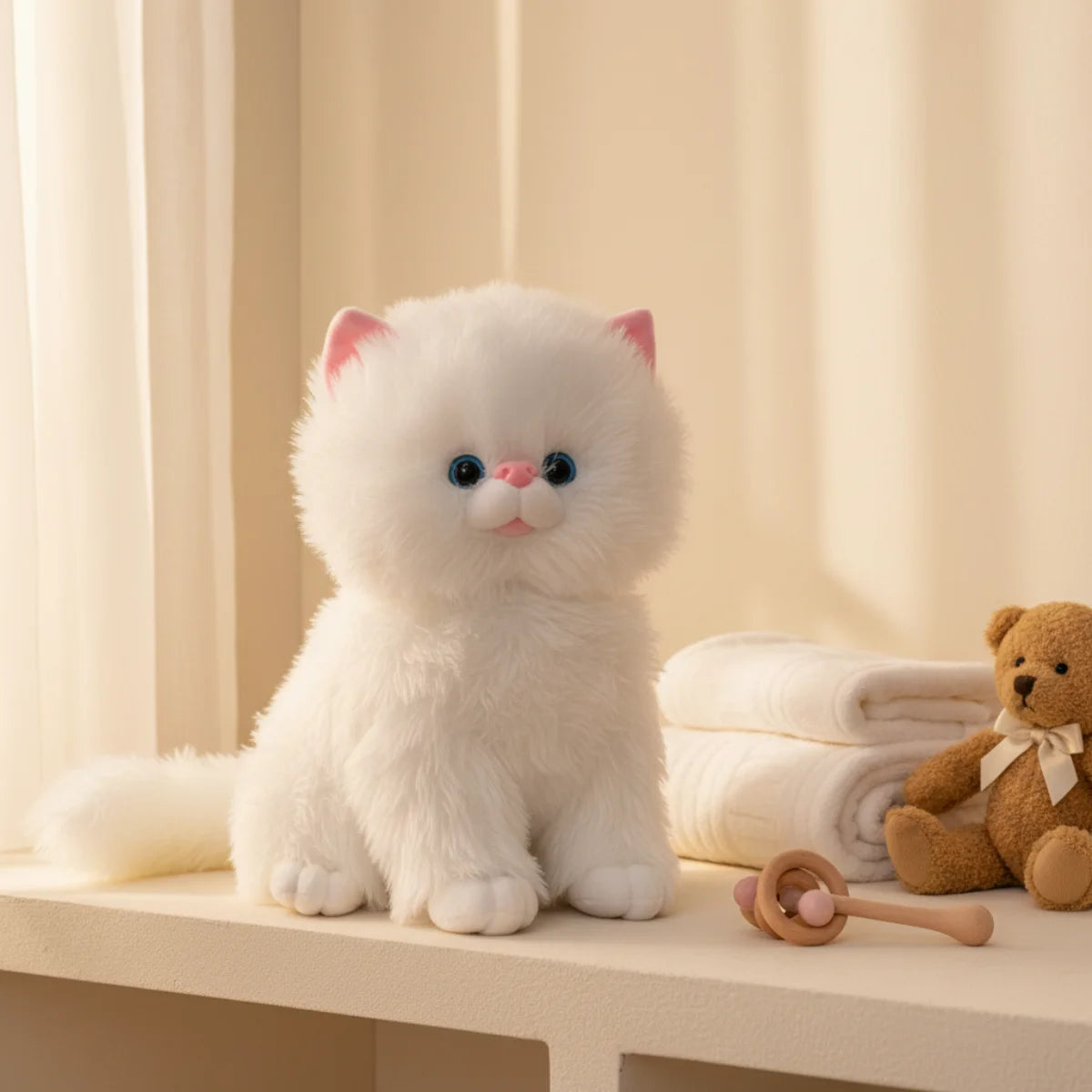 White Persian cat plush toy nursery scene on cream white shelf beside brown teddy bear with white ribbon and wooden rattle toy with soft sheer cream curtains in background showing full realistic fluffy white kitten with blue eyes pink nose sitting pose and fluffy tail