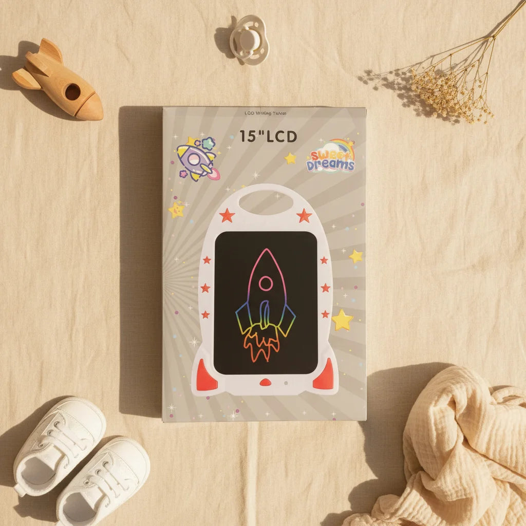 White Rocket Ship 15 inch LCD Writing Tablet Sweet Dreams box flat lay on wood surface with wooden rocket toy pacifier and dried flowers