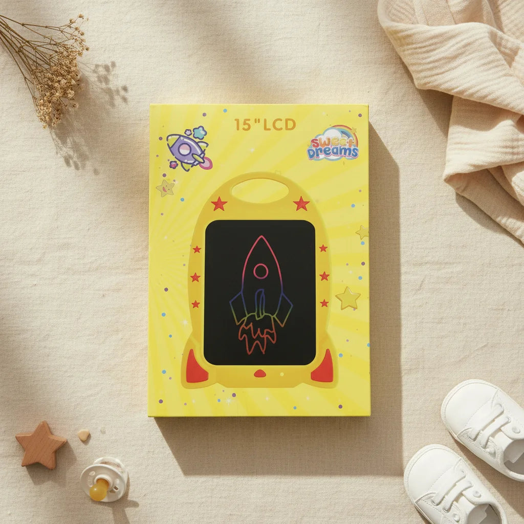 Yellow Rocket Ship 15 inch LCD Writing Tablet Sweet Dreams box flat lay on linen background with wooden rocket toy pacifier and dried flowers
